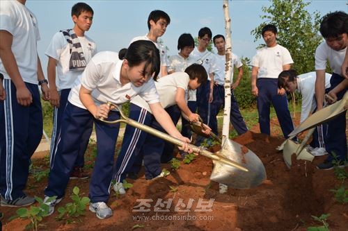 총련애국림을 찾아 나무를 심는 도꾜중고 학생들 