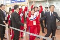 조선선수단 일본도착, 열렬히 환영／시즈오까에서 국제수영련맹 물에뛰여들기 월드시리즈