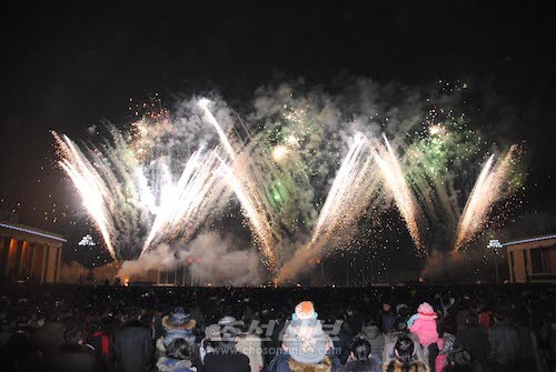 평양의 밤하늘에 명절의 축포가 터쳐오른다.(사진 리동호기자)